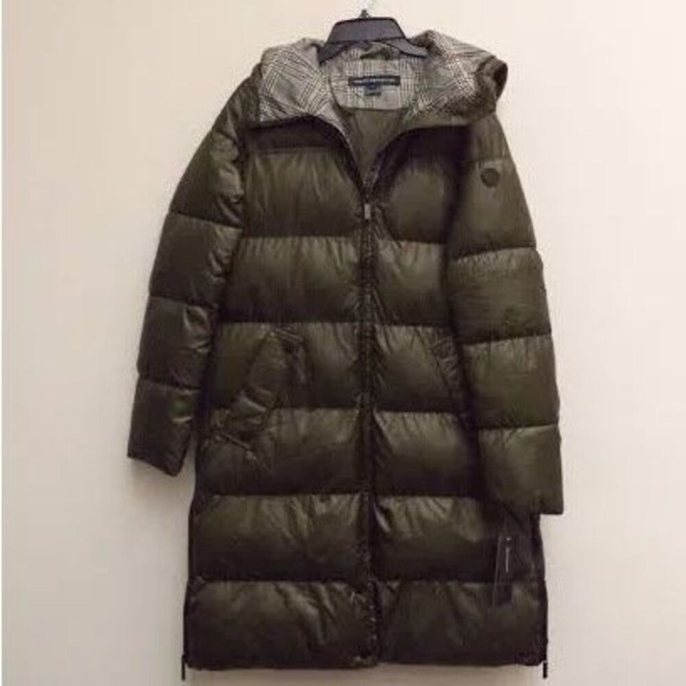 French Connection Womens M Hooded Long Puffer Jacket Dark Green Winter Parka NWT
